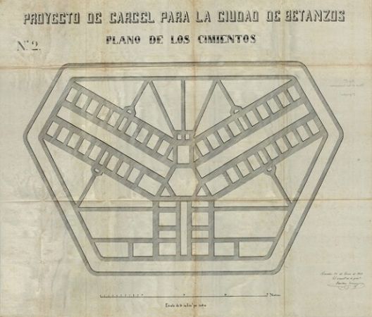Proxecto do cárcere da cidade de Betanzos, plano xeral dos cimentos. Asinado polo arquitecto provincial Faustino Domínguez. Ano 1865