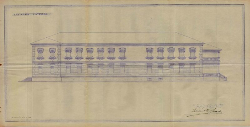Plano da casa cuna de Ferrol. Fachada lateral. Asinado polo arquitecto provincial Eduardo Rodríguez-Losada Rebellón. Ano 1930