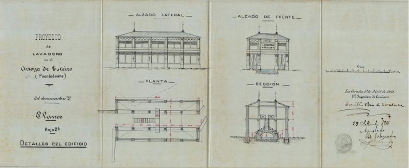 Proxecto de lavadoiro no arroio de Esteiro (Pontedeume). Plano dos detalles do edificio. Asinado polo enxeñeiro Emilio Pan de Soraluce. Ano 1911