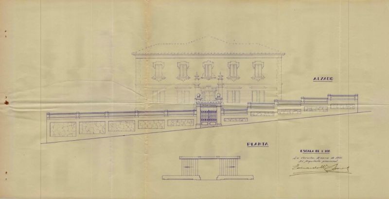 Plano da casa cuna de Ferrol. Fachada principal. Asinado polo arquitecto provincial Eduardo Rodríguez-Losada Rebellón. Ano 1930