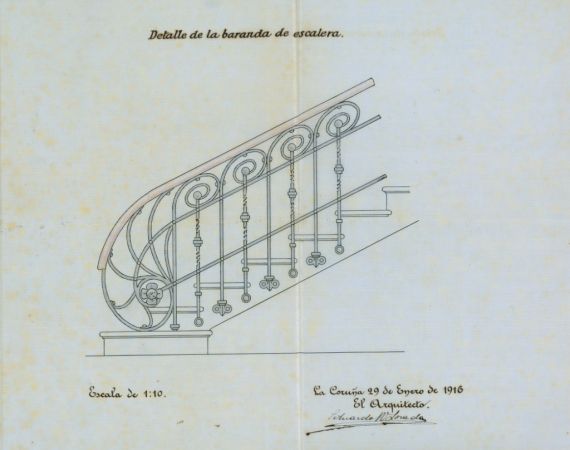 Detalle da varanda da escaleira en relación ás obras de reforma do Goberno Civil. Asinado polo arquitecto Eduardo Rodríguez-Losada Rebellón. Ano 1916