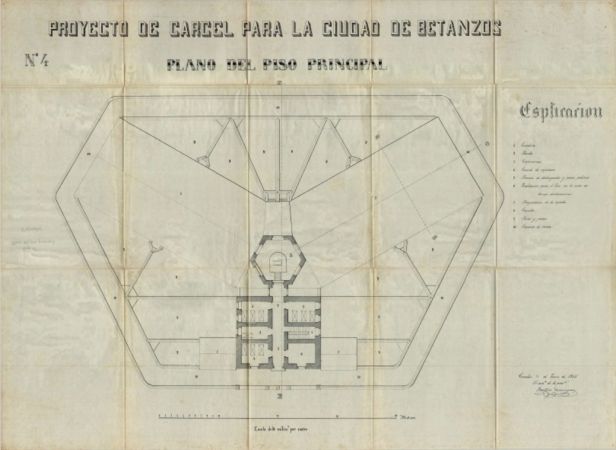 Proxecto do cárcere para a cidade de Betanzos, plano do piso principal. Asinado polo arquitecto provincial Faustino Domínguez. Ano 1865