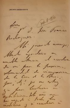Achado no Archivo Histórico da Asociación de la Prensa de Madrid: unha carta autógrafa de Jacinto Benavente