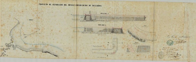Plano do proxecto de reparación do peirao do porto de Mugardos. Asinado polo enxeñeiro Adolfo Pequeño. Ano 1886