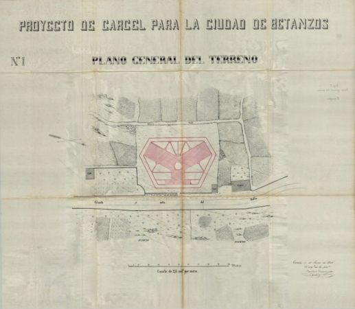 Proxecto do cárcere para a cidade de Betanzos, plano xeral do terreo. Asinado polo arquitecto provincial Faustino Domínguez. Ano 1865