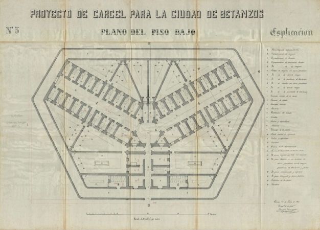 Proxecto do cárcere para a cidade de Betanzos, plano do piso baixo. Asinado polo arquitecto provincial Faustino Domínguez. Ano 1865