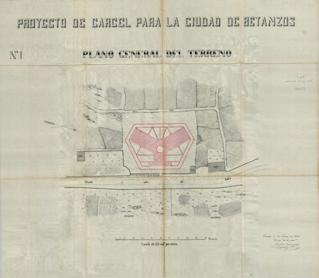 Proxecto do cárcere para a cidade de Betanzos, plano xeral do terreo. Asinado polo arquitecto provincial Faustino Domínguez. Ano 1865